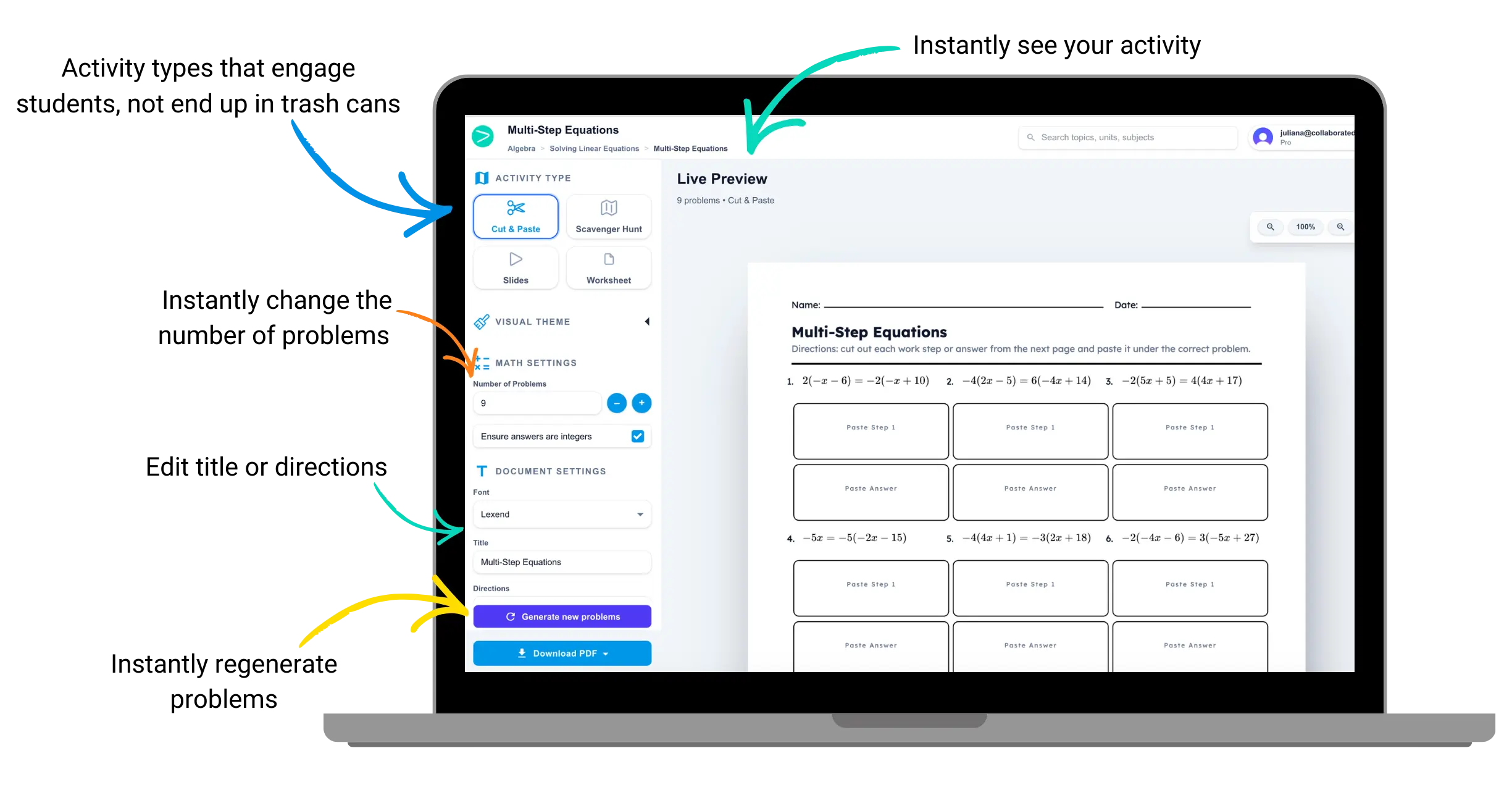 Math Activity Generator product interface preview